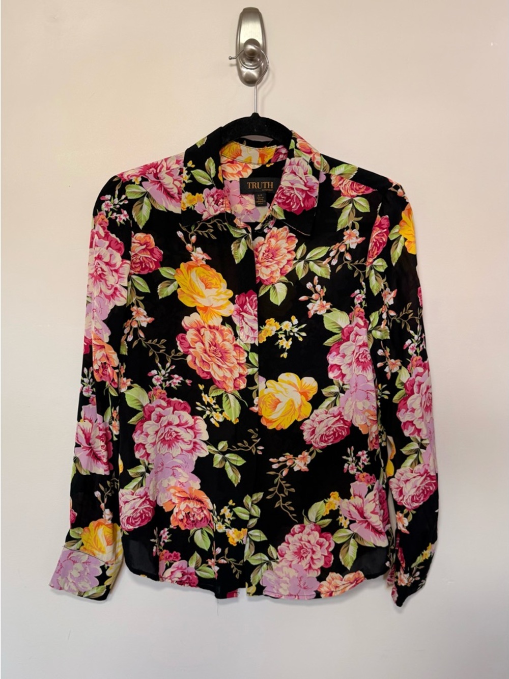 Truth Black Floral Button-Up Shirt with Pink & Yellow Blooms